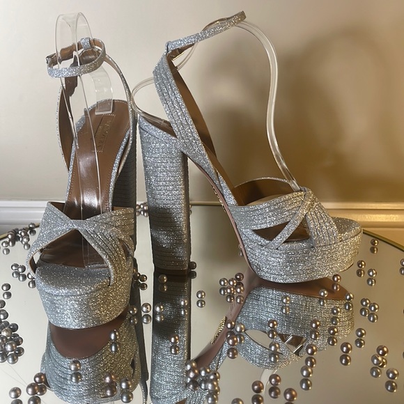 Aquazzura Sundance Silver Glitter Platform Heeled Sandals Sz 39 - Picture 5 of 17